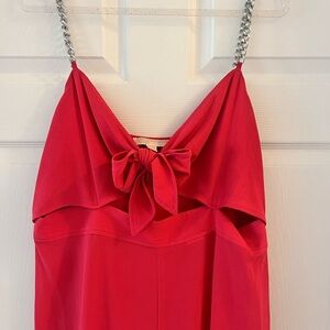Michael Kors Red Jumpsuit with Elegant Silver Chain Straps